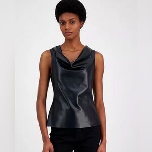 NWT French Connection Women's Elettra Faux-Leather Cowlneck Top L
